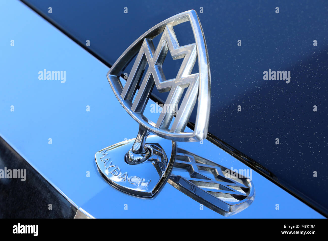Monte-Carlo, Monaco - March 17, 2018: Maybach Hood Ornament of Full-Size Luxury car. Closeup View, Maybach Mercedes Hood Emblem (Logo) Stock Photo