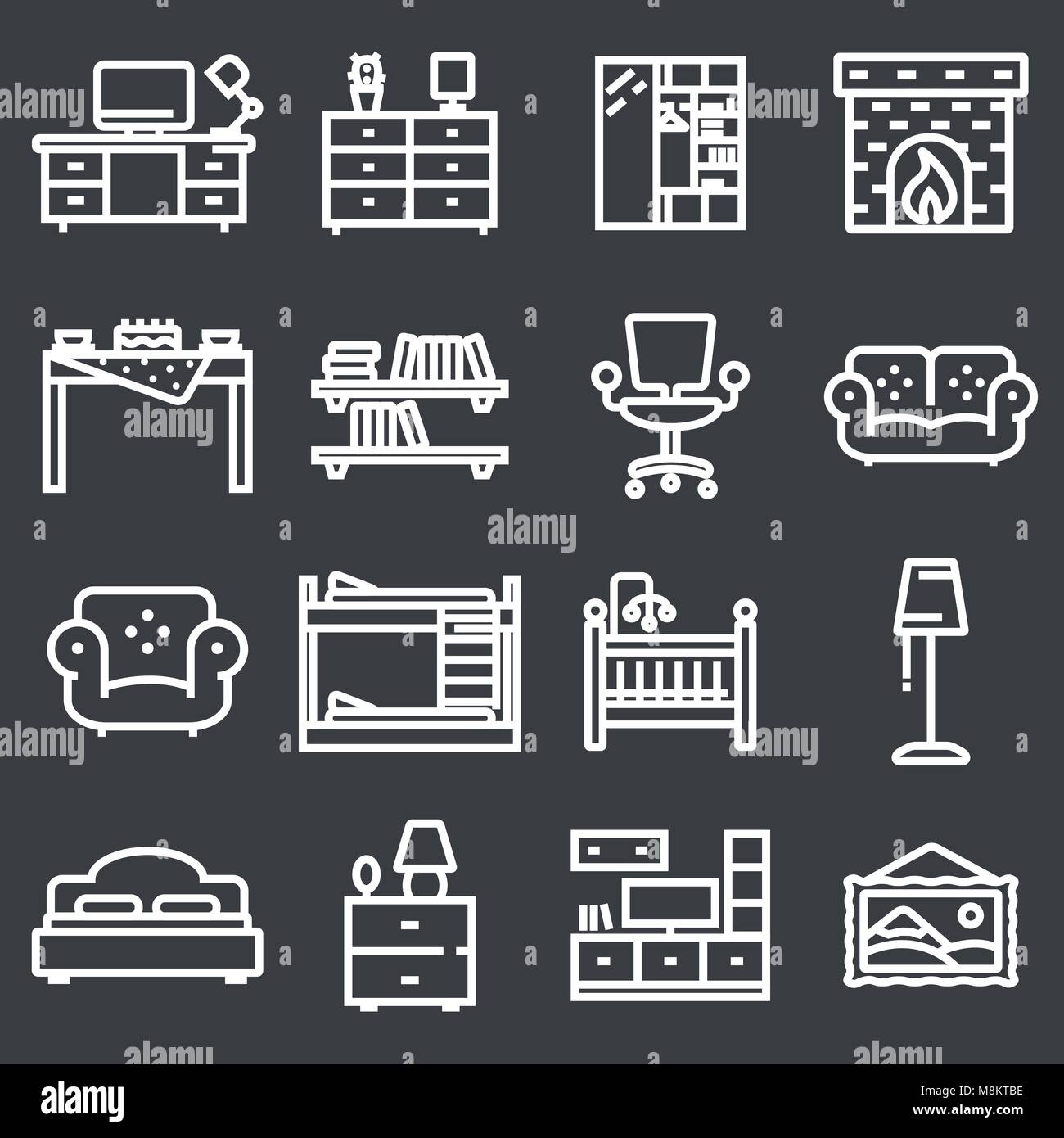 Basic Furniture icon set in thin line style on gray background Stock ...