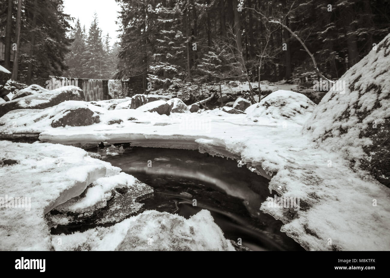 Wild Waterfall, known as Dziki Wodospad, in beautiful scenery of Karkonosze Mountains in Karpacz, Poland, photographed in winter Stock Photo