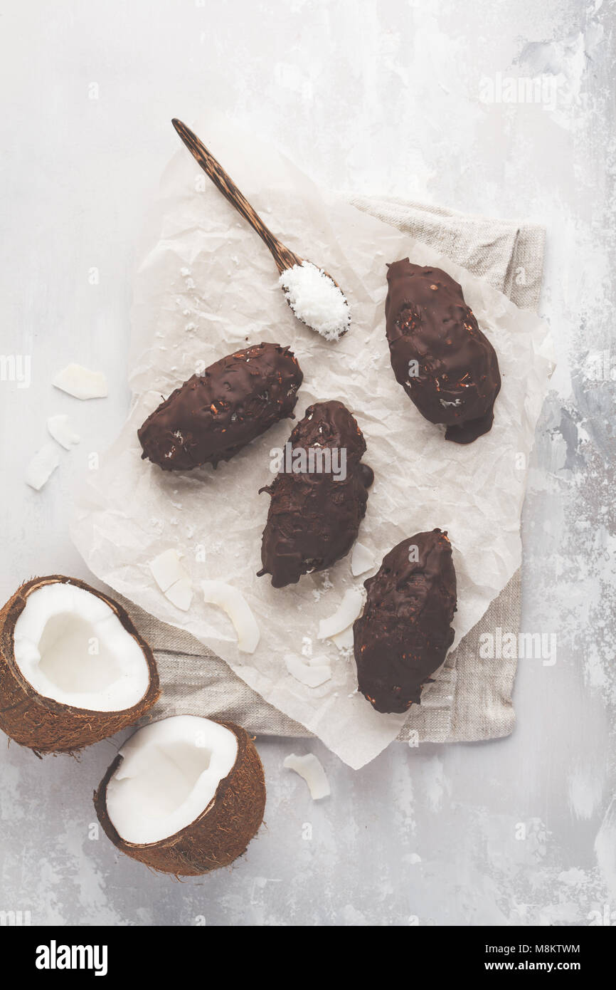 Raw homemade vegan chocolate coconut dessert bounty. Healthy vegan food