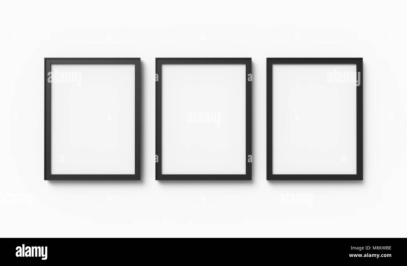 Blank picture frame mockup, 3d render black frames set on wall with