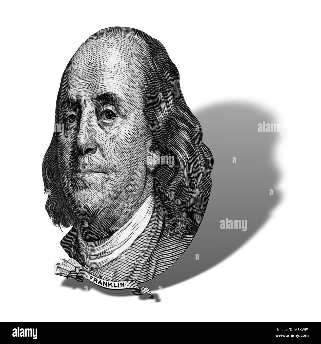 Portrait of U.S. statesman, inventor, and diplomat Benjamin Franklin as he looks on one hundred dollar bill obverse. Photo at an angle of 15 degrees,  Stock Photo