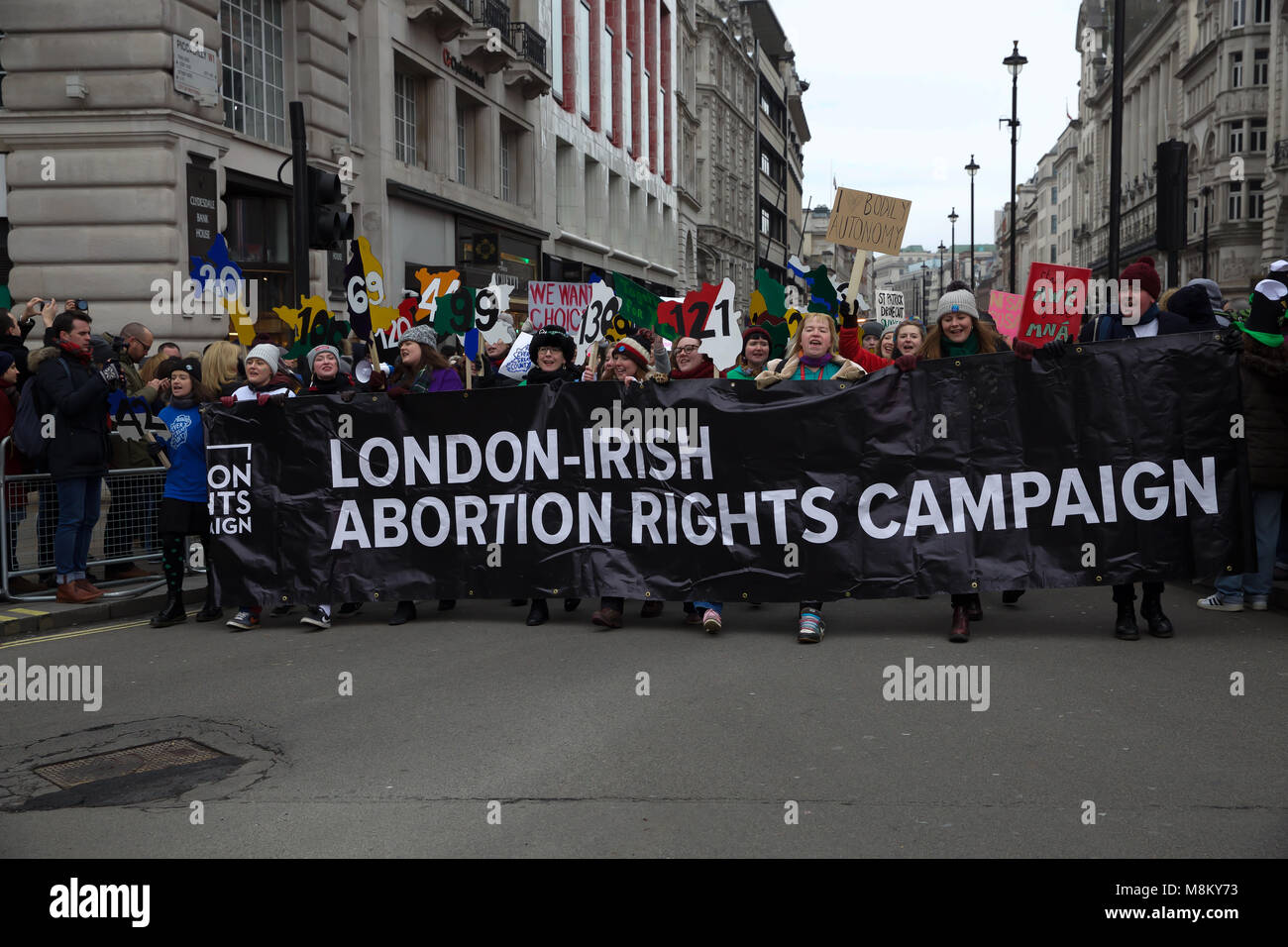 London,UK,18TH March 2018,London-Irish Abortion Rights campaign at the annual St Patrick’s Day Parade which took place in London. This years parade included Mayor of London, Sadiq Khan alongside Grand Marshalls Gloria Hunniford & Imelda Staunton and famous London Irish women including - Angela Scanlon (TV), Angela Brady (Architecture), Cecila Gallagher (Chairperson of the Woman's Irish Network). As well as the parade Irish acts performed in Trafalgar Square from Noon.©Keith Larby/Alamy Live News Stock Photo