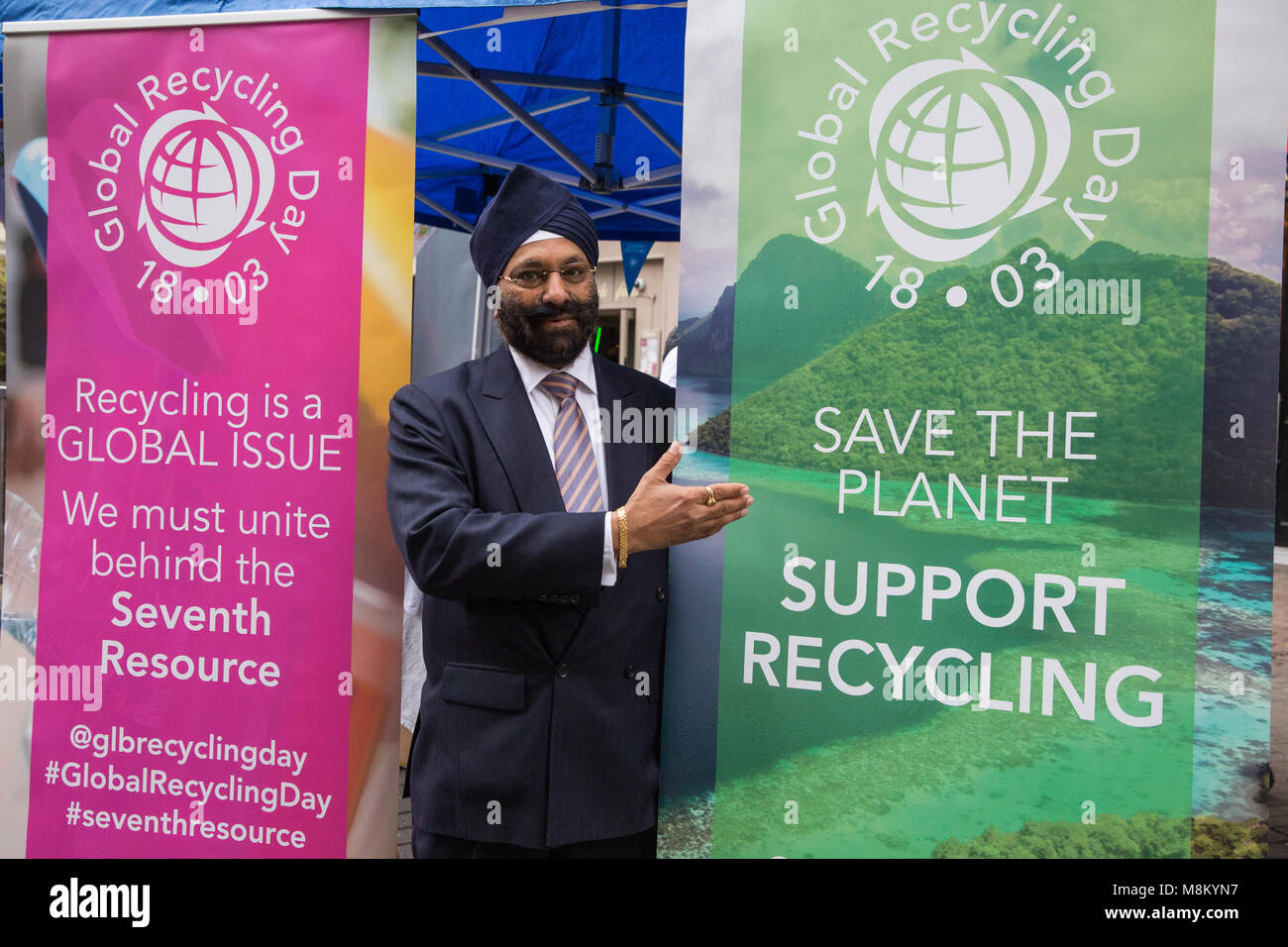 London, UK. 18th March, 2018. Ranjit Baxi, President of the Bureau of International  Recycling (BIR), takes part in the launch of Global Recycling Day with a  public engagement event in Carnaby Street