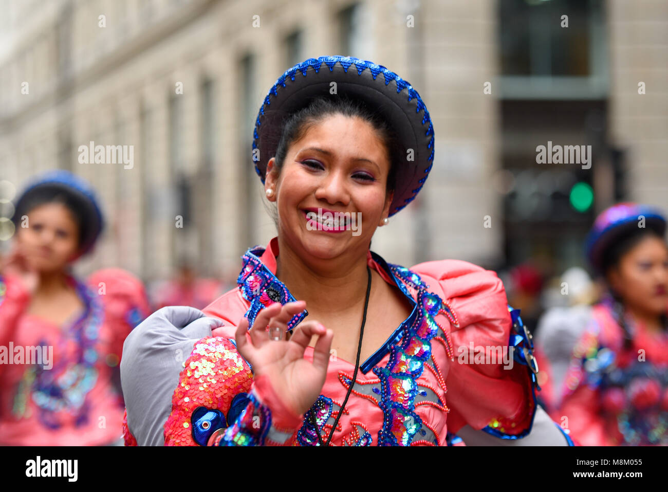 Bolivian folk dancer at the St Patrick's Day Parade, London, 2018 Stock Photo