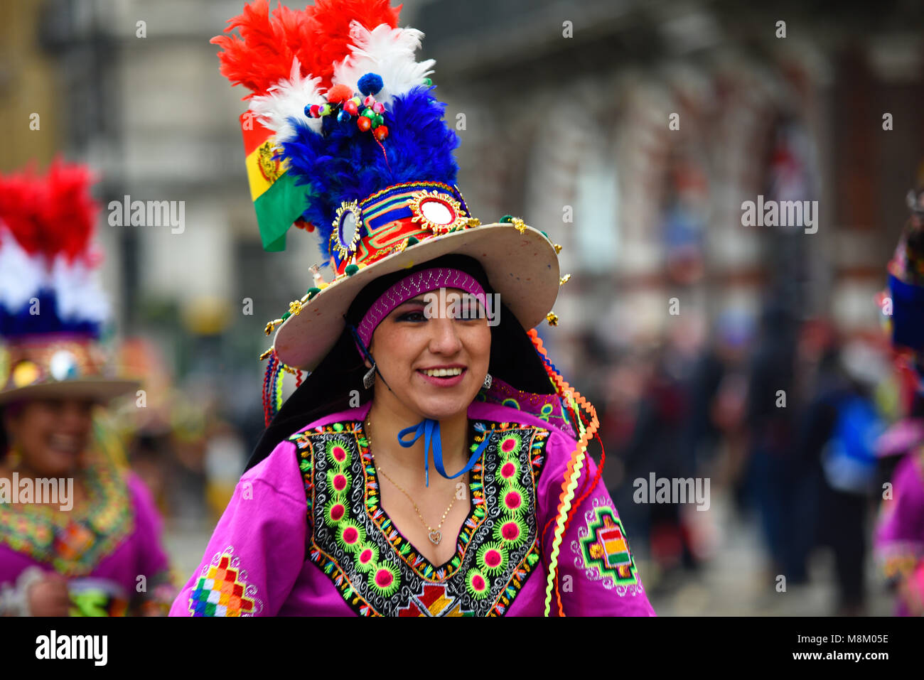 Nusta Tinkus San Simon female Bolivian folk dancer at St Patrick's Day Parade, London, 2018 Stock Photo