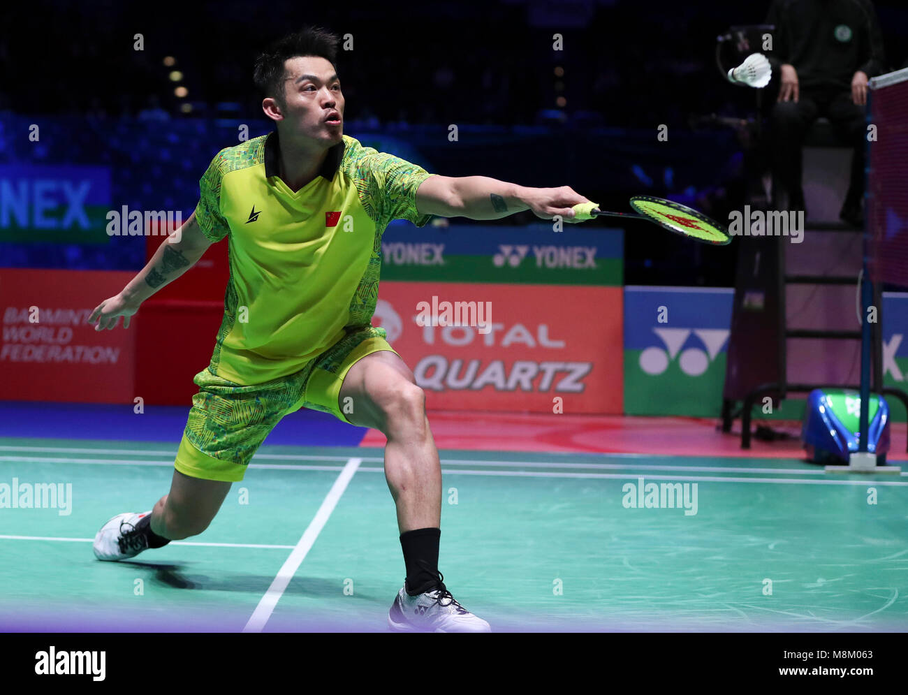Birmingham. 18th Mar, 2018. Lin Dan of China returns the shot during the men's singles final with his compatriot Shi Yuqi at All England Open Badminton Championships 2018 in Birmingham, Britain on March 18, 2018. Credit: Han Yan/Xinhua/Alamy Live News Stock Photo