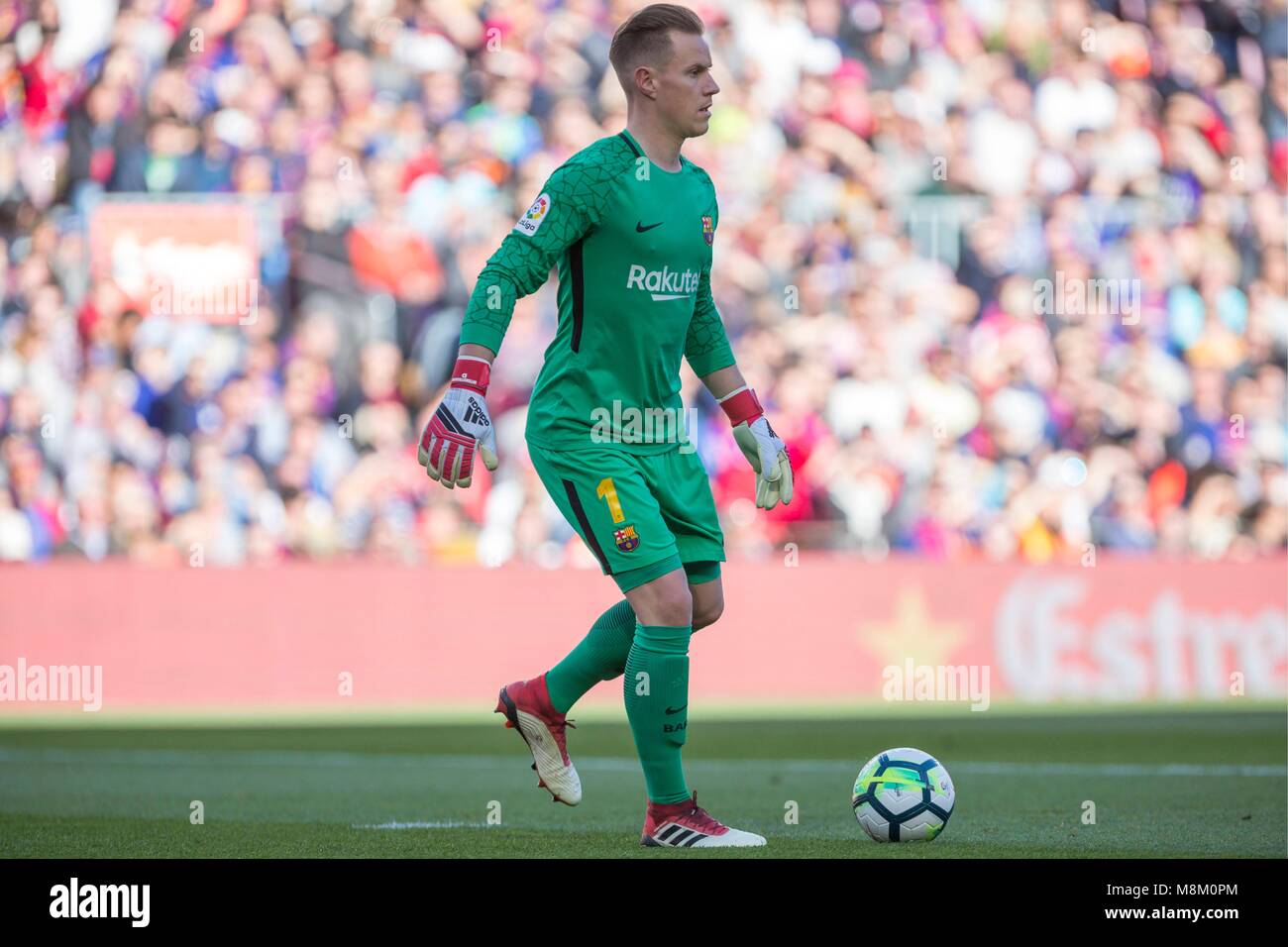 SPAIN - 18th of March: FC Barcelona goalkeeper Marc-Andre ter Stegen (1) during the match between FC Barcelona against Athletic de Bilbao for the round 29 of the Liga Santander, played at Camp Nou Stadium on 18th March 2018 in Barcelona, Spain. (Credit: Urbanandsport / Cordon Press)  Cordon Press Stock Photo
