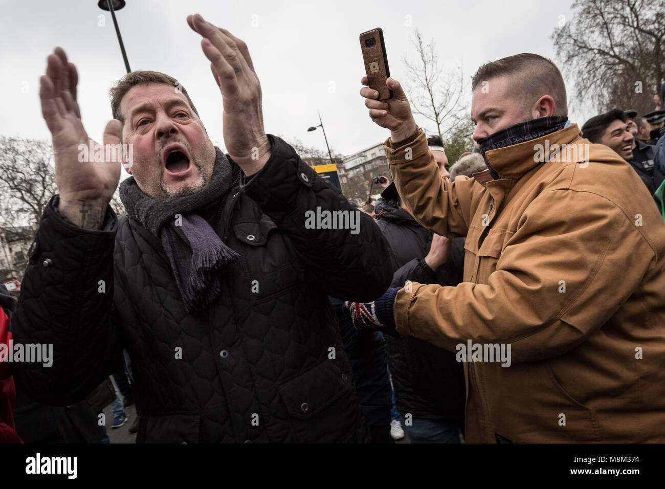 London, UK. 18th March, 2018. Hundreds gather at Speakers’ Corner, Hyde Park waiting to hear a speech written by Generation Identity’s Martin Sellner, delivered by former EDL leader Tommy Robinson. Credit: Guy Corbishley/Alamy Live News Stock Photo