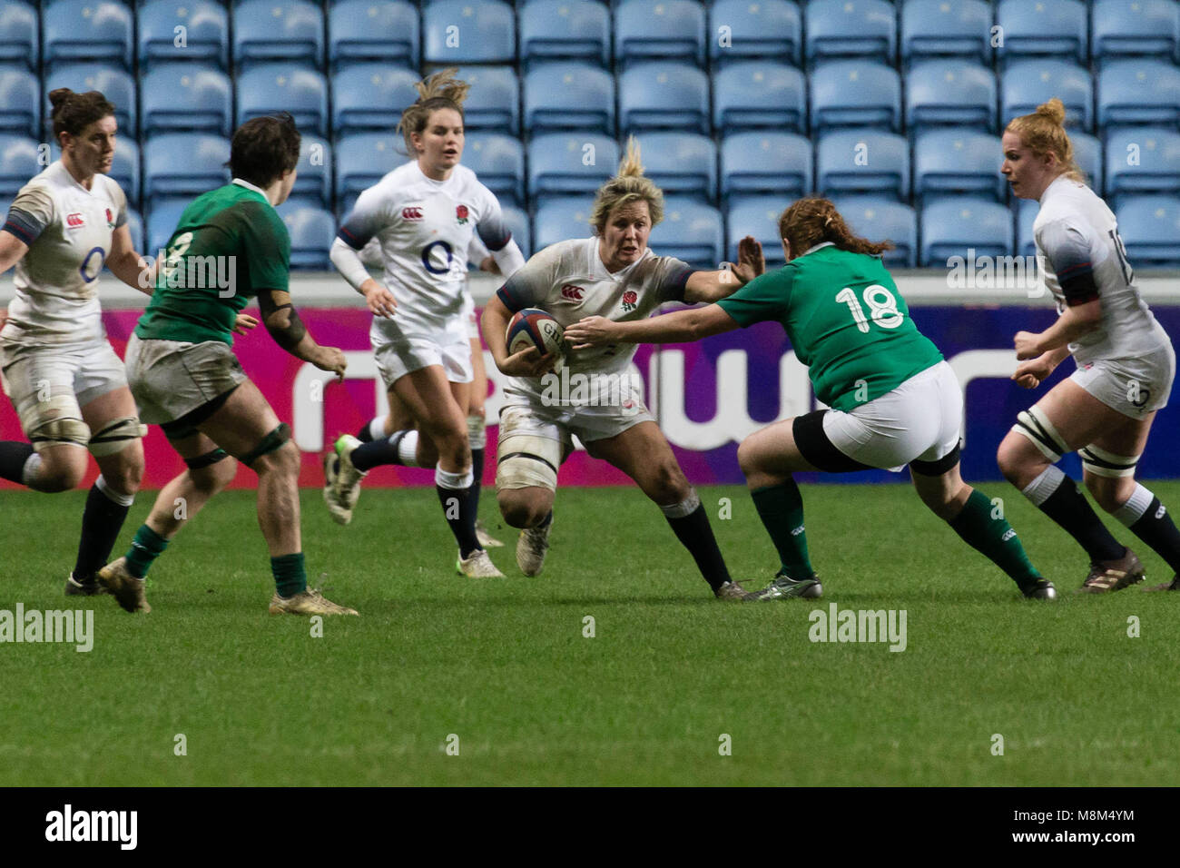 Coventry, UK. 16th Mar, 2018. In the Women's 6 Nations match between England and Ireland, 16th March 2018 at the Ricoh Stadium.  England would go on to win the match 33-11, France women would achieve the Grand Slam and the result would see England achieve 2nd place. Credit: Darryl Godden/Alamy Live News Stock Photo
