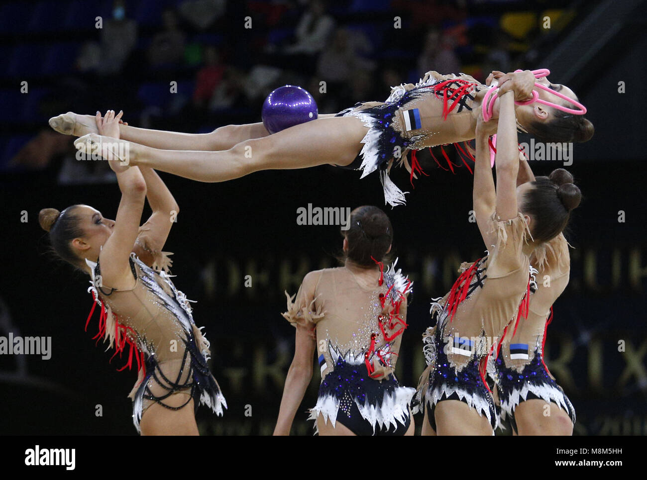 Group gymnasts from Estonia performs during the competition for the Deriugina Cup in Kyiv, Ukraine, March 17, 2018. 17th Mar, 2018. Credit: Anatolii Stepanov/ZUMA Wire/Alamy Live News Stock Photo