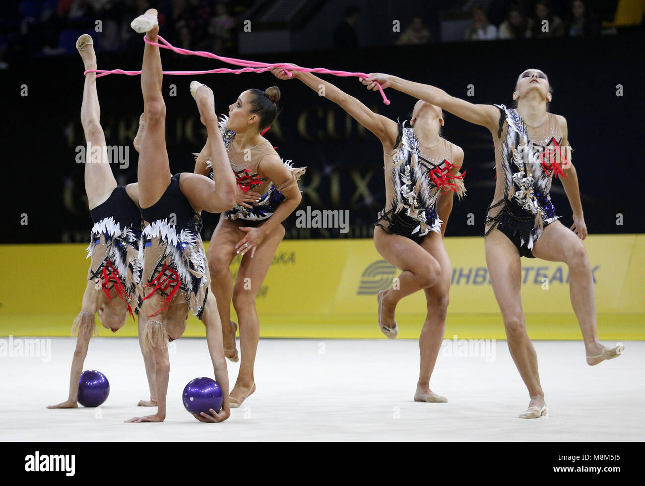 Group gymnasts from Estonia performs during the competition for the Deriugina Cup in Kyiv, Ukraine, March 17, 2018. 17th Mar, 2018. Credit: Anatolii Stepanov/ZUMA Wire/Alamy Live News Stock Photo