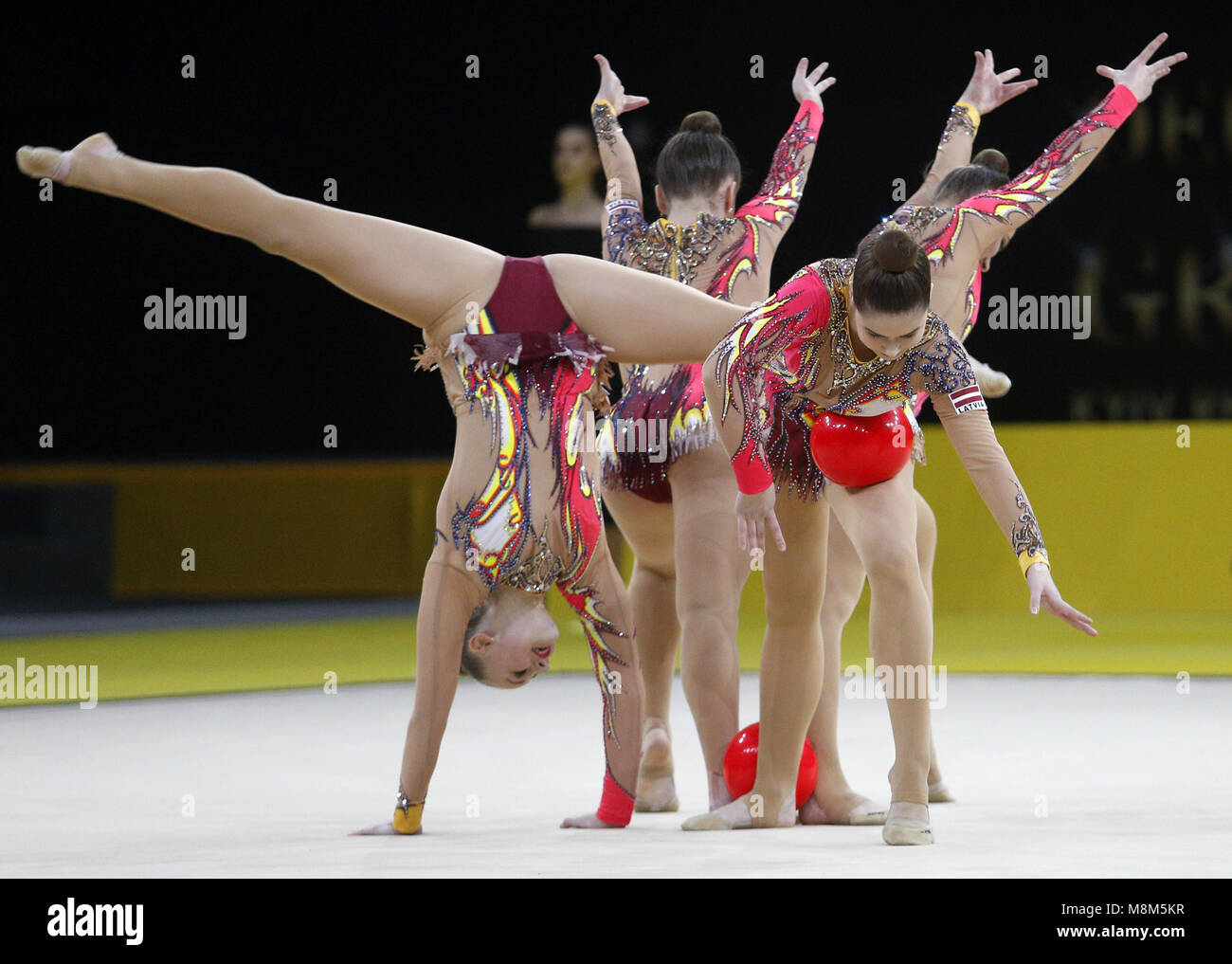 Group gymnasts from Latvia performs during the competition for the Deriugina Cup in Kyiv, Ukraine, March 17, 2018. 17th Mar, 2018. Credit: Anatolii Stepanov/ZUMA Wire/Alamy Live News Stock Photo