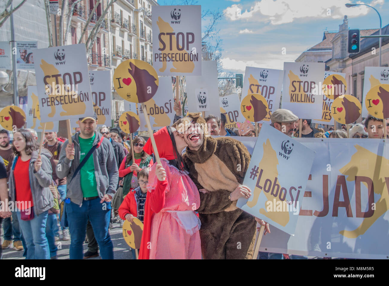 Madrid, Spain. 18th March, 2018. Animal organizations gathered hundreds of people to protest against the extermination of the Iberian Woolf, an endangered especies. Credit: Lora Grigorova/Alamy Live News Credit: Lora Grigorova/Alamy Live News Stock Photo