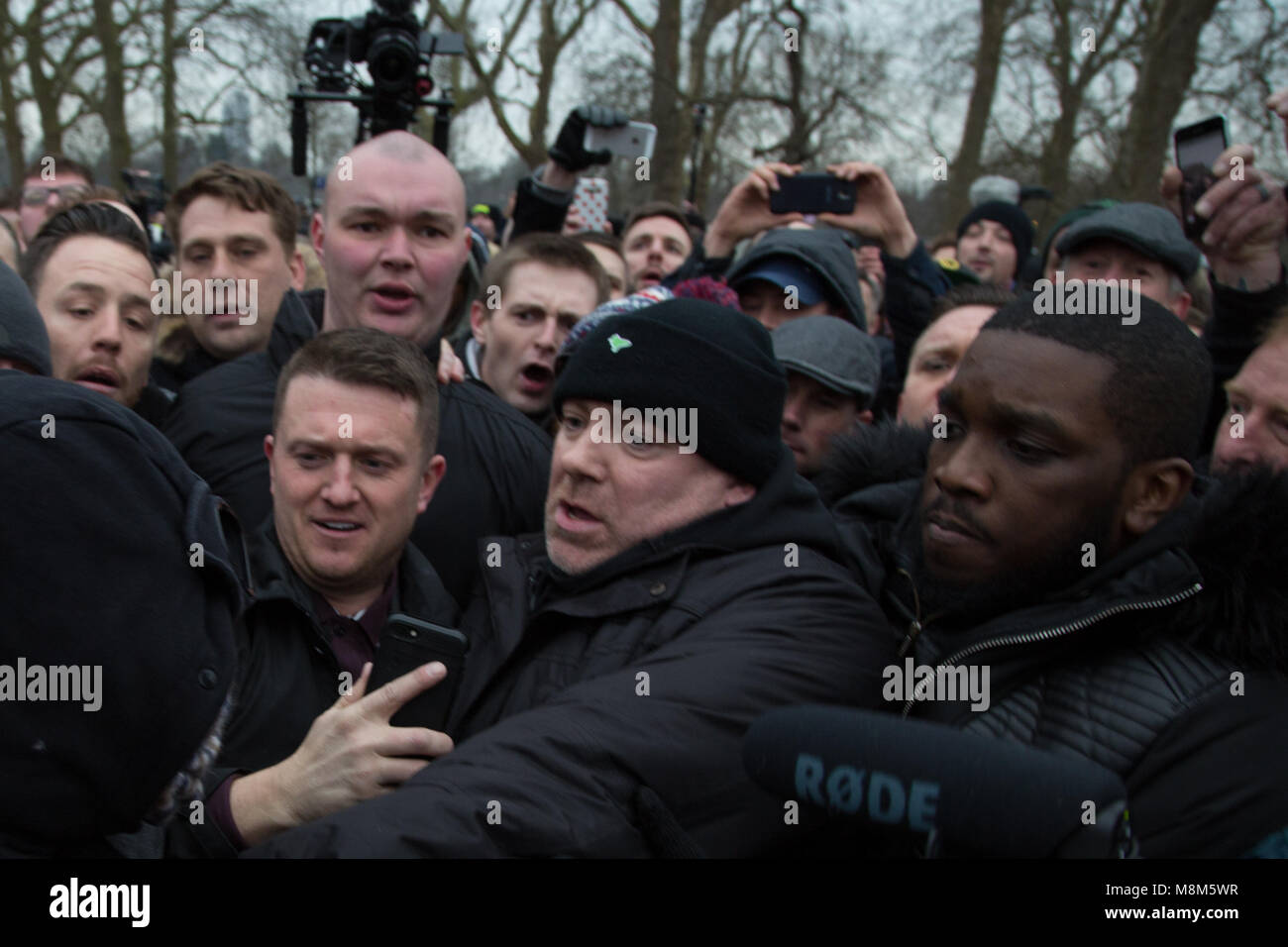 London UK 18th March 2018 Tommy Robinson is escorted out of Speakers Corner in Hyde Park. Credit: Thabo Jaiyesimi/Alamy Live News Stock Photo