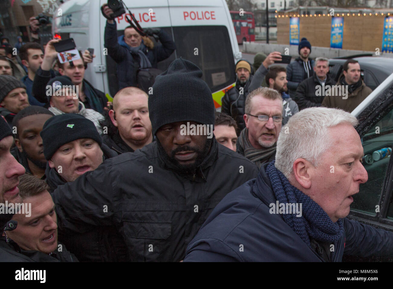 London UK 18th March 2018 Tommy Robinson is escorted out of Speakers Corner in central London. Credit: Thabo Jaiyesimi/Alamy Live News Stock Photo