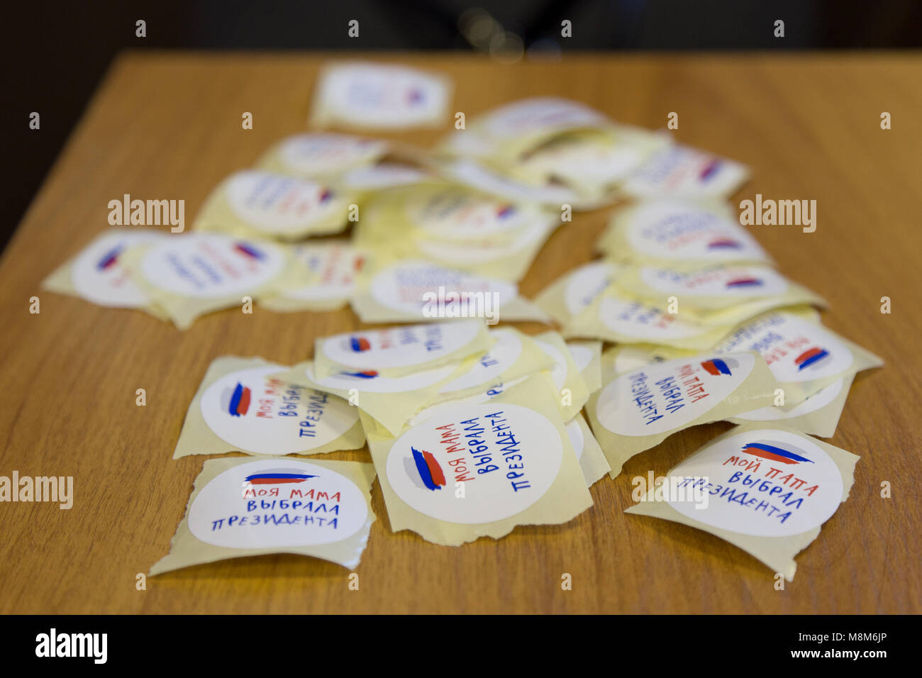 MOSCOW RUSSIA MARCH 18 2018 Stickers With Symbols On The Polling 