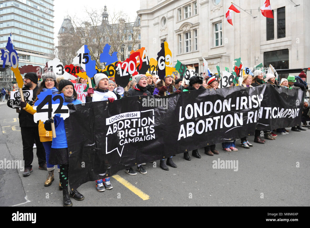 London, UK. 18th March, 2018. Campaigners from the London-Irish Abortion Rights Campaign marching in the annual St Patrick’s day parade in Central London, England, United Kingdom.  The campaign is aiming to repeal the Eighth Amendment from the Irish Constitution and to decriminalise abortion in Northern Ireland. Credit: Michael Preston/Alamy Live News Stock Photo
