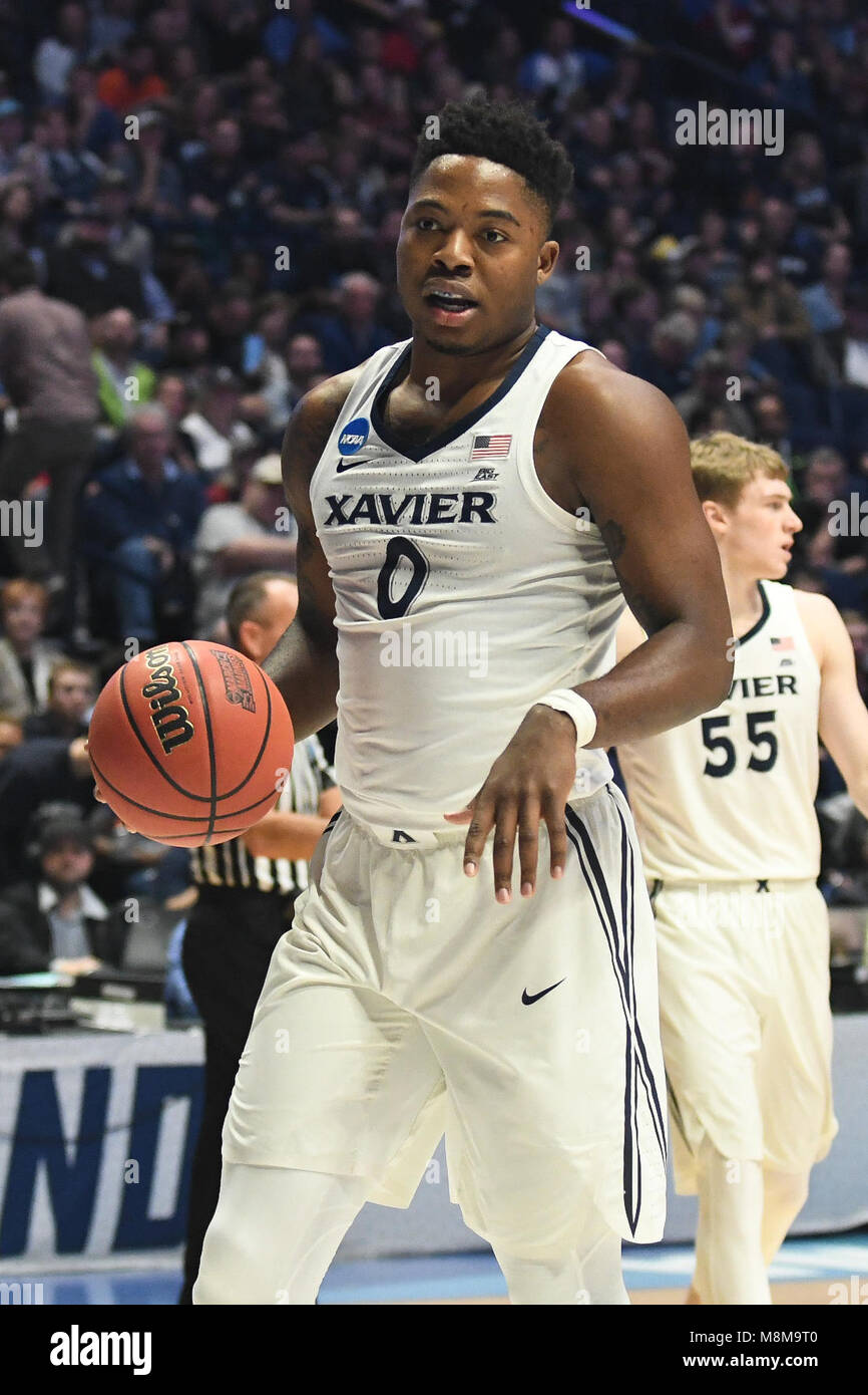 Nashville, Tennessee, USA. 18th Mar, 2018. Xavier Musketeers forward Tyrique Jones (0) dribbles the ball against the Florida State Seminoles at Bridgestone Arena on March 18, 2018 in Nashville, Tennessee. Credit: FGS Sports/Alamy Live News Stock Photo