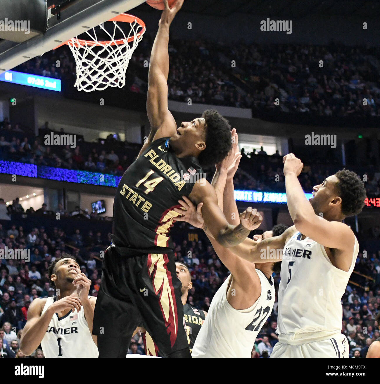 Nashville, Tennessee, USA. 18th Mar, 2018. Florida State Seminoles guard Terrance Mann (14) goes up for a shot during the game against the Xavier Musketeers at Bridgestone Arena on March 18, 2018 in Nashville, Tennessee. Credit: FGS Sports/Alamy Live News Stock Photo