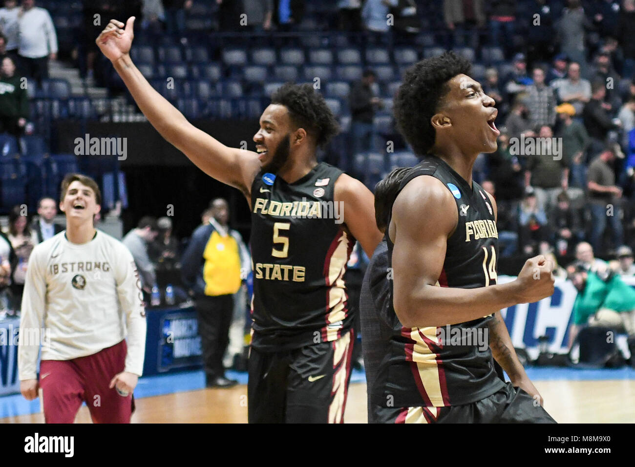 Nashville, Tennessee, USA. 18th Mar, 2018. Florida State Seminoles guards PJ Savoy (5) and Terrance Mann (14) react after the game against the Xavier Musketeers at Bridgestone Arena on March 18, 2018 in Nashville, Tennessee. Credit: FGS Sports/Alamy Live News Stock Photo