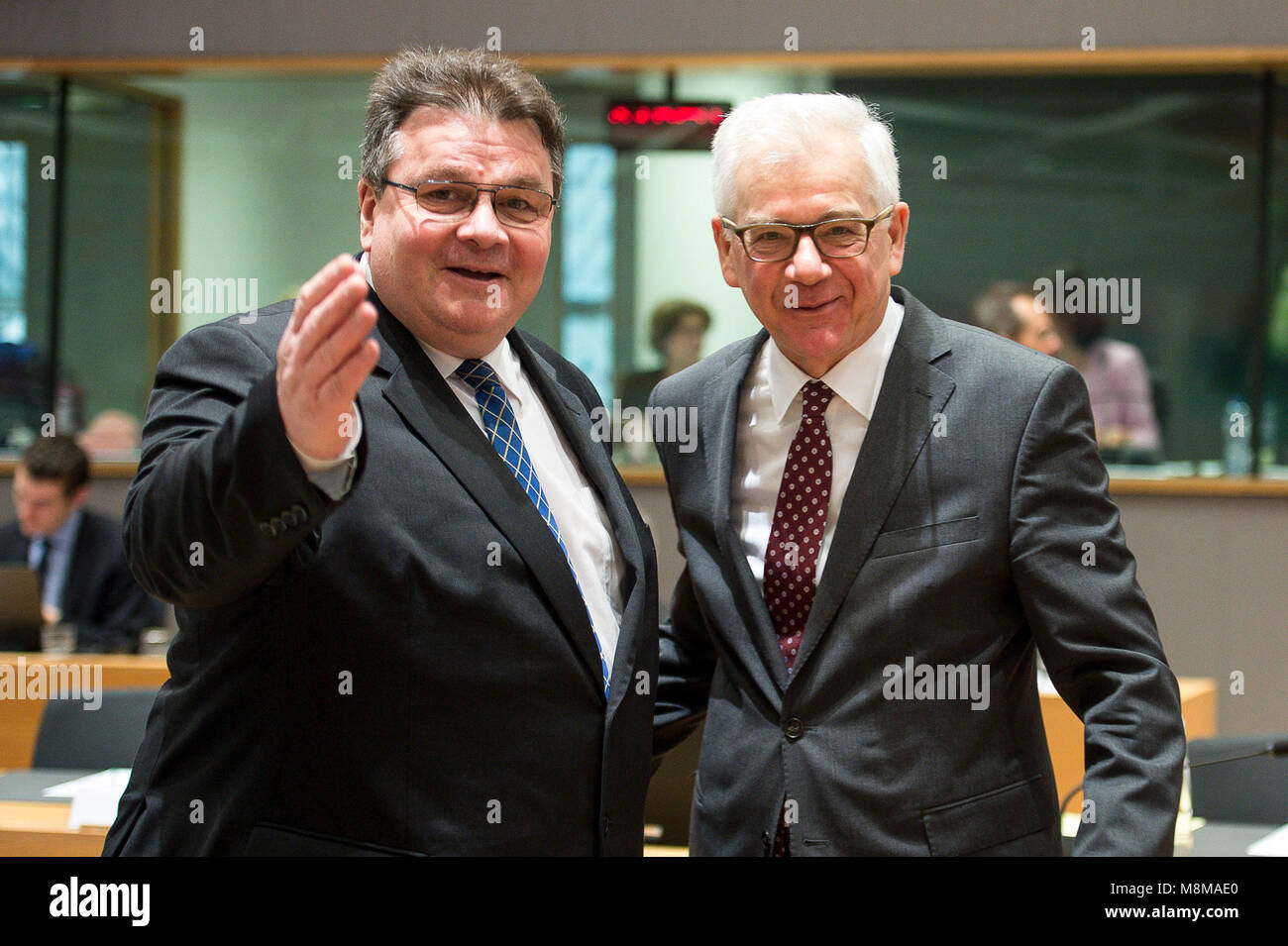 Brussels, Belgium. 19th Mar, 2018. Lithuanian Foreign Minister Linas Antanas Linkevi?ius (L) and Jacek Czaputowicz, Polish Foreign Minister at the start of FAC the EU Foreign Ministers Council at European Council headquarters in Brussels, Belgium on 19.03.2018 by Wiktor Dabkowski | usage worldwide Credit: dpa/Alamy Live News Stock Photo