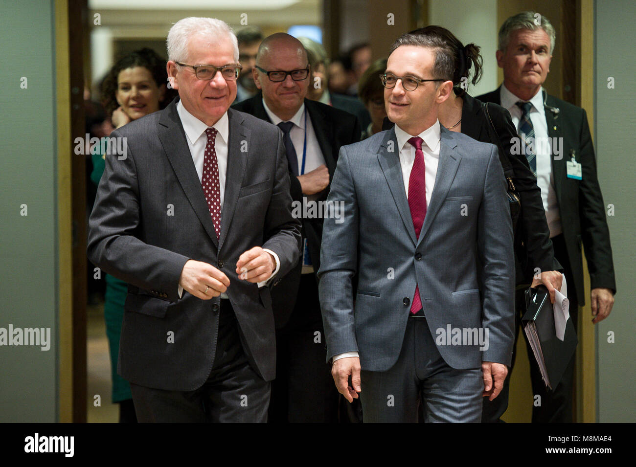 Brussels, Belgium. 19th Mar, 2018. Jacek Czaputowicz, Polish Foreign Minister (L) and German Foreign Minister, Heiko Maas at the start of FAC the EU Foreign Ministers Council at European Council headquarters in Brussels, Belgium on 19.03.2018 by Wiktor Dabkowski | usage worldwide Credit: dpa/Alamy Live News Stock Photo