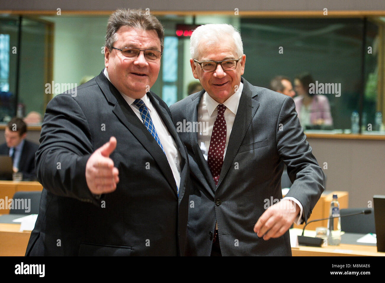 Brussels, Belgium. 19th Mar, 2018. Lithuanian Foreign Minister Linas Antanas Linkevi?ius (L) and Jacek Czaputowicz, Polish Foreign Minister at the start of FAC the EU Foreign Ministers Council at European Council headquarters in Brussels, Belgium on 19.03.2018 by Wiktor Dabkowski | usage worldwide Credit: dpa/Alamy Live News Stock Photo