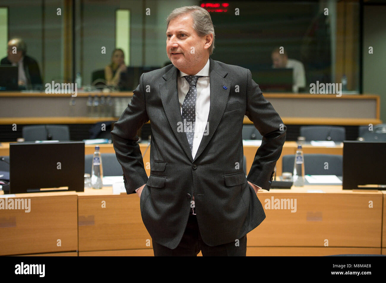 Brussels, Belgium. 19th Mar, 2018. Johannes Hahn, EU commissioner for Neighbourhood policy and enlargement at the start of FAC the EU Foreign Ministers Council at European Council headquarters in Brussels, Belgium on 19.03.2018 by Wiktor Dabkowski | usage worldwide Credit: dpa/Alamy Live News Stock Photo