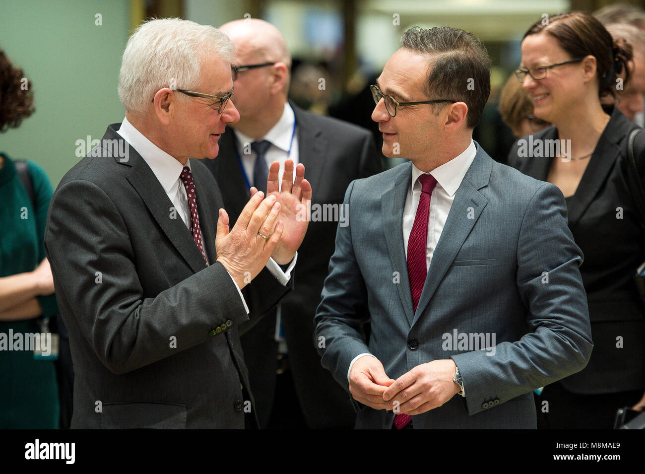 Brussels, Belgium. 19th Mar, 2018. Jacek Czaputowicz, Polish Foreign Minister (L) and German Foreign Minister, Heiko Maas at the start of FAC the EU Foreign Ministers Council at European Council headquarters in Brussels, Belgium on 19.03.2018 by Wiktor Dabkowski | usage worldwide Credit: dpa/Alamy Live News Stock Photo