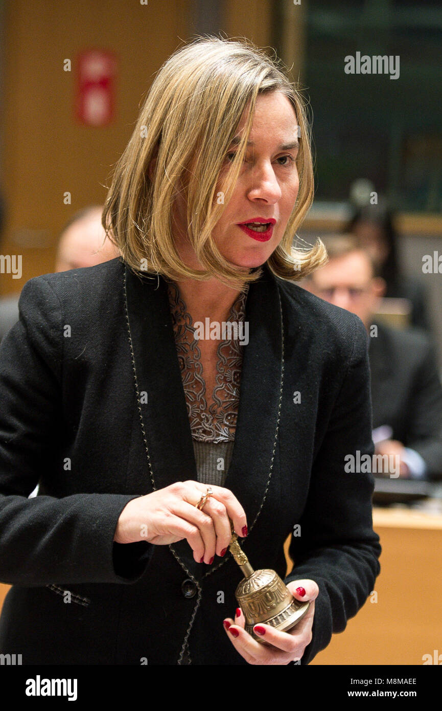 Brussels, Belgium. 19th Mar, 2018. Federica Mogherini, EU High representative for foreign policy at the start of FAC the EU Foreign Ministers Council at European Council headquarters in Brussels, Belgium on 19.03.2018 by Wiktor Dabkowski | usage worldwide Credit: dpa/Alamy Live News Stock Photo