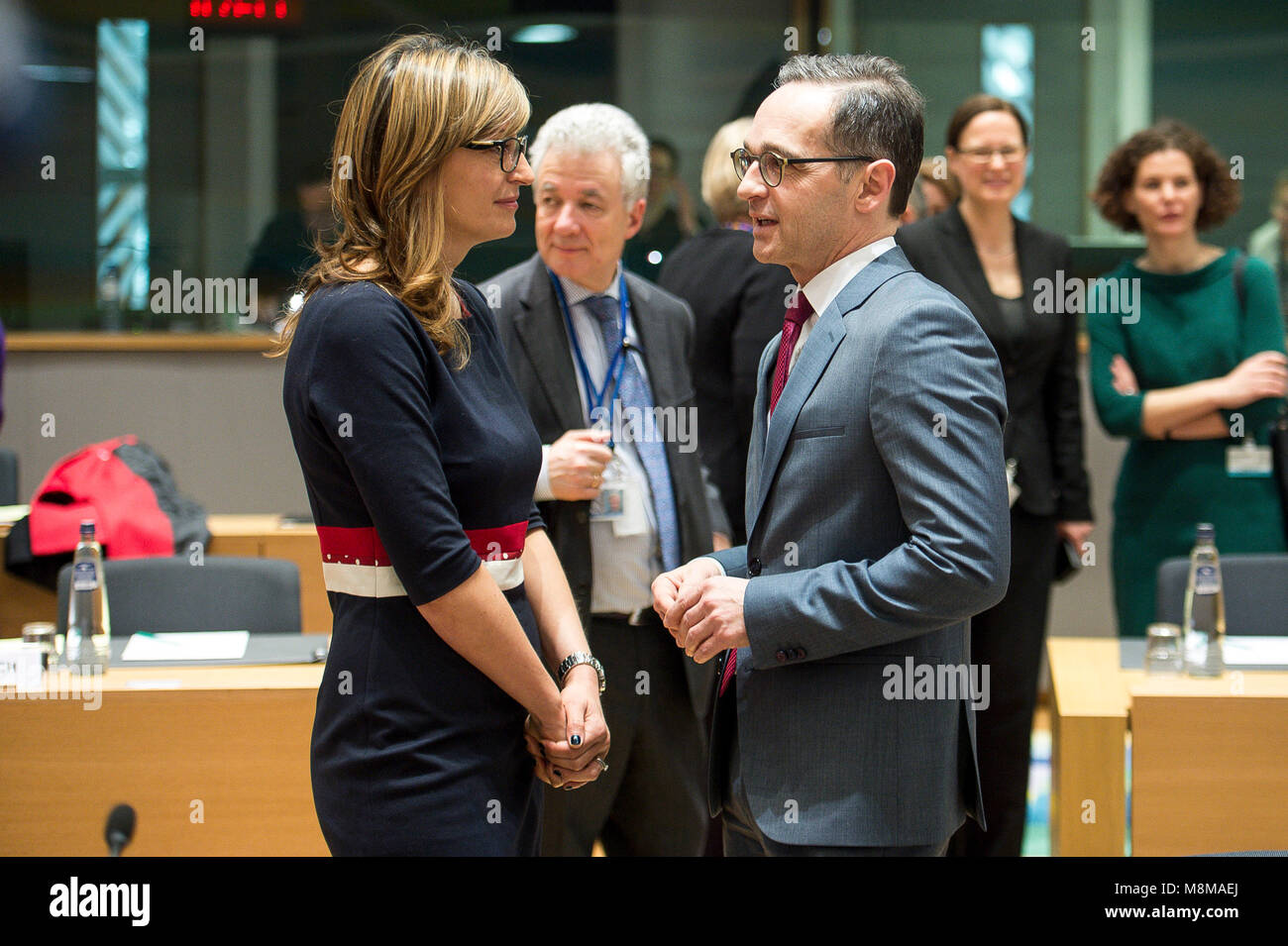 Brussels, Belgium. 19th Mar, 2018. Bulgarian Foreign Minister Ekaterina Zaharieva (L) and German Foreign Minister, Heiko Maas at the start of FAC the EU Foreign Ministers Council at European Council headquarters in Brussels, Belgium on 19.03.2018 by Wiktor Dabkowski | usage worldwide Credit: dpa/Alamy Live News Stock Photo