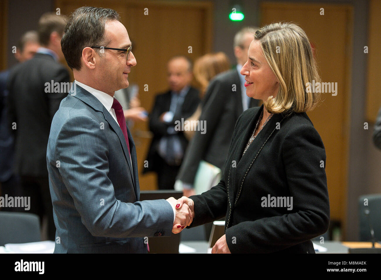 Brussels, Belgium. 19th Mar, 2018. German Foreign Minister, Heiko Maas (L) and Federica Mogherini, EU High representative for foreign policy at the start of FAC the EU Foreign Ministers Council at European Council headquarters in Brussels, Belgium on 19.03.2018 by Wiktor Dabkowski | usage worldwide Credit: dpa/Alamy Live News Stock Photo