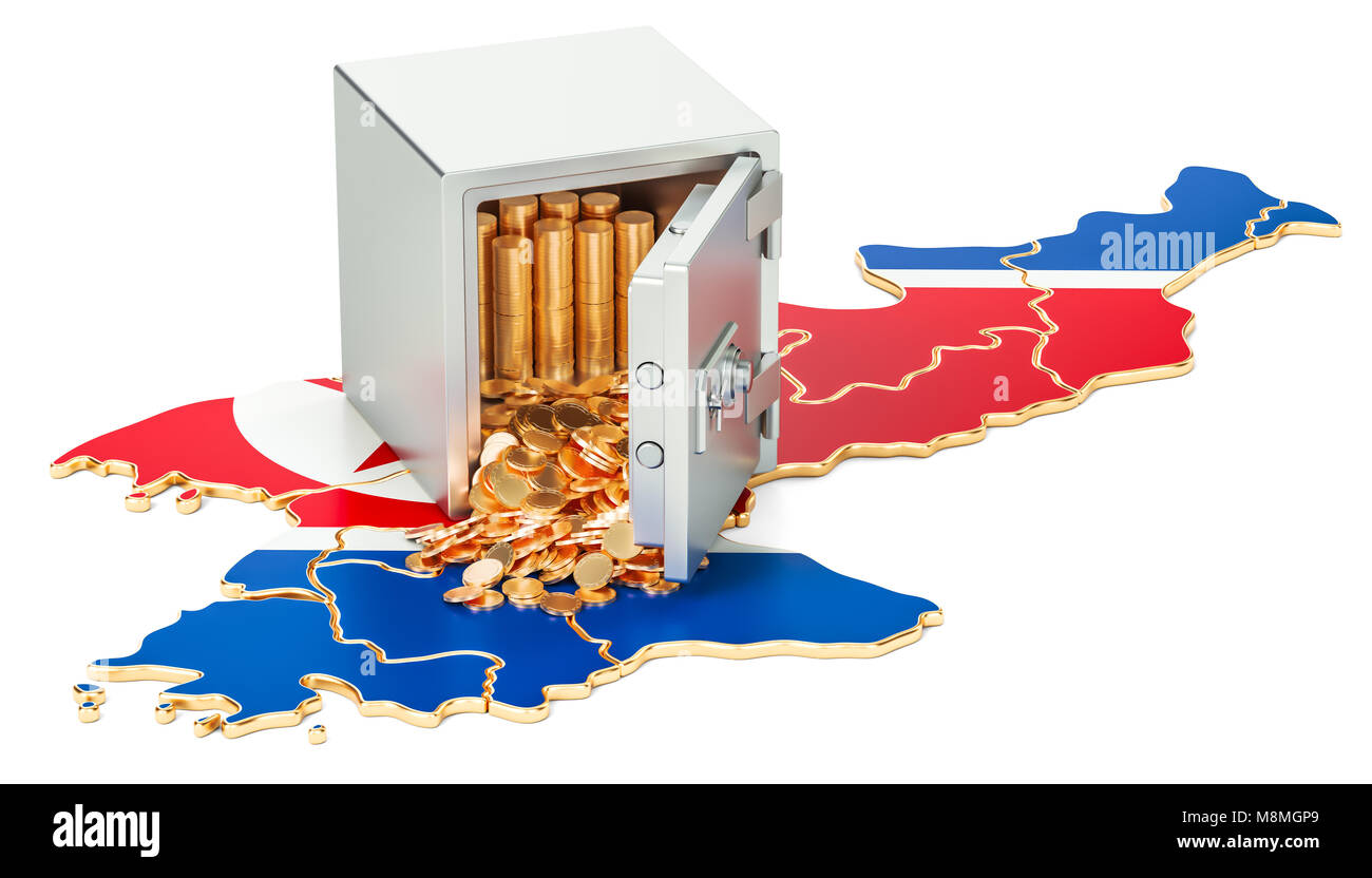Safe box with golden coins on the map of North Korea, 3D rendering Stock Photo Alamy