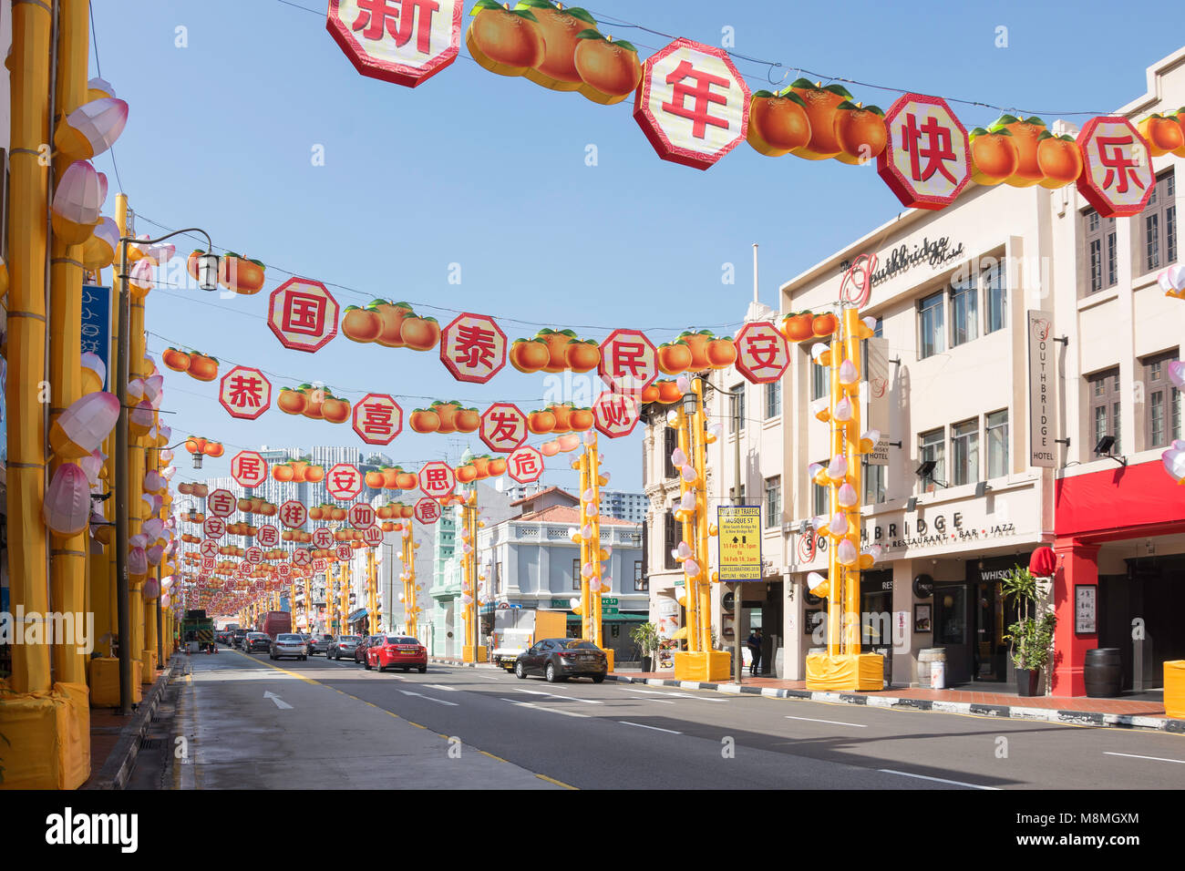 Chinese New Year decorations on South Bridge Road, Chinatown, Outram District, Central Area, Singapore Island (Pulau Ujong), Singapore Stock Photo