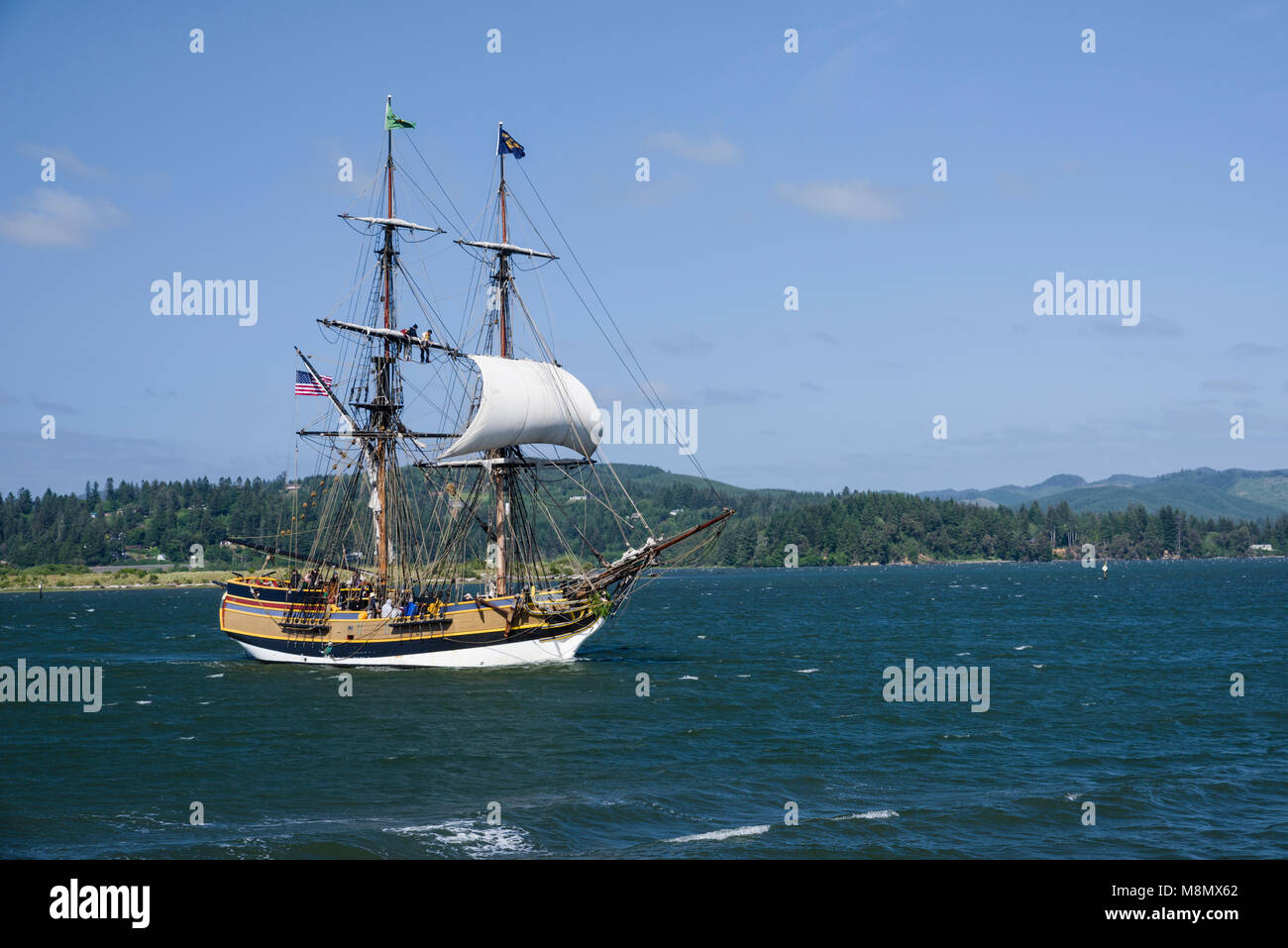 The Brig Lady Washington sailing through Coos Bay, Oregon Stock Photo ...