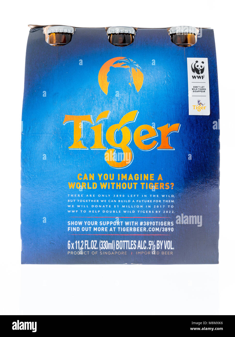 Winneconne, WI - 10 March 2018: A six pack of Tiger beer on an isolated background. Stock Photo
