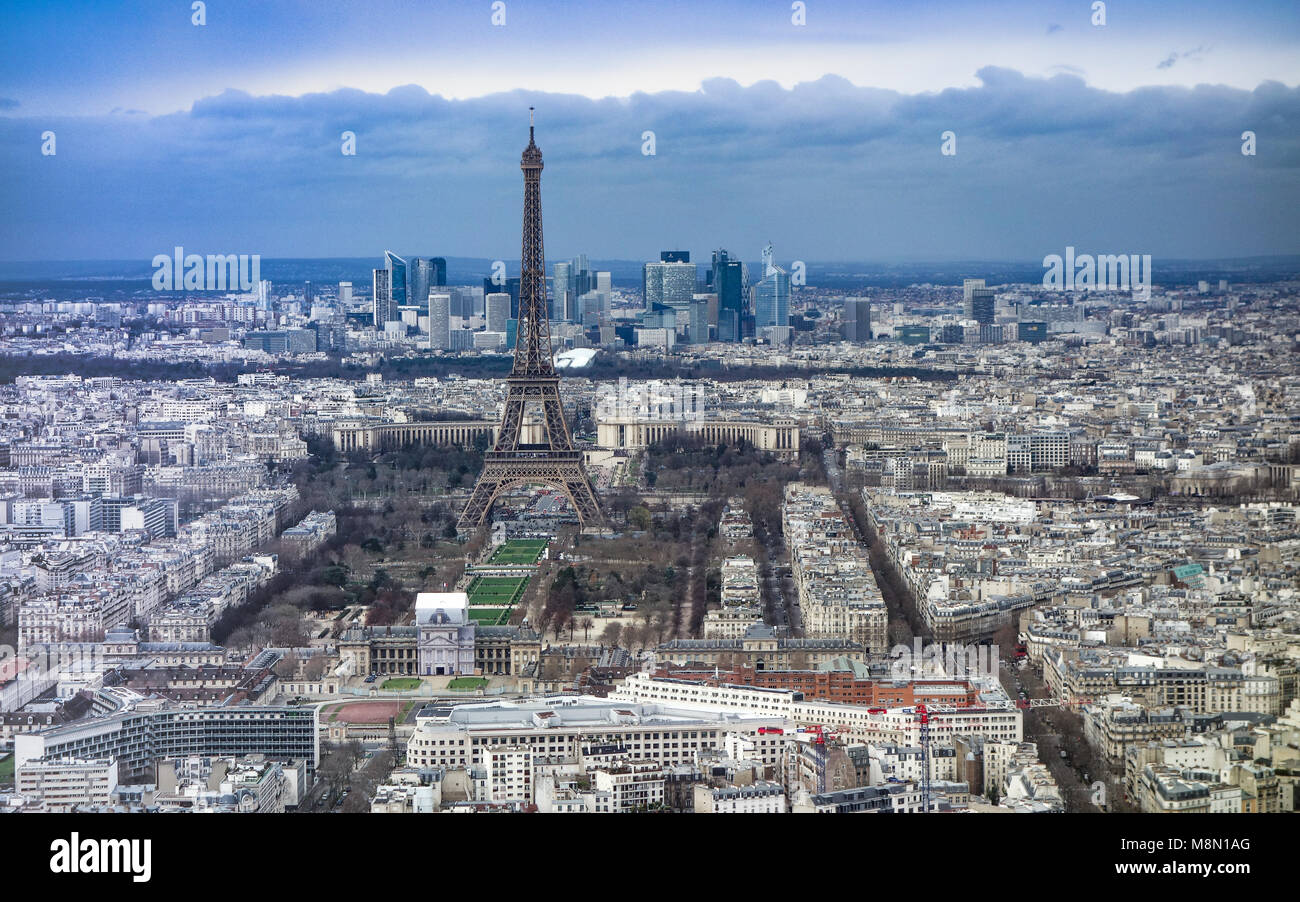 Jan 2, 2018 - View over Paris, looking towards the Eiffel Tower and La Defense, from the observation deck at the top of the Tour Montparnasse, Paris,  Stock Photo