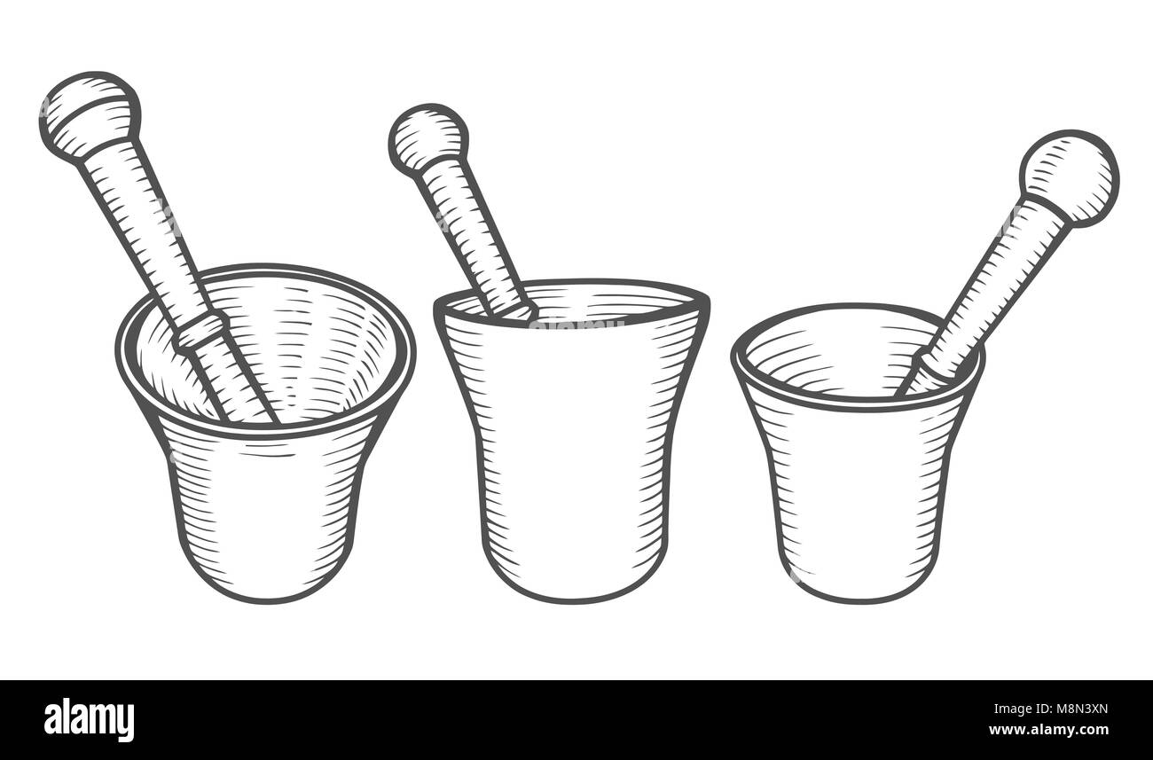 Set of Mortar and Pestle. Hand drawn Engraving vintage vector black