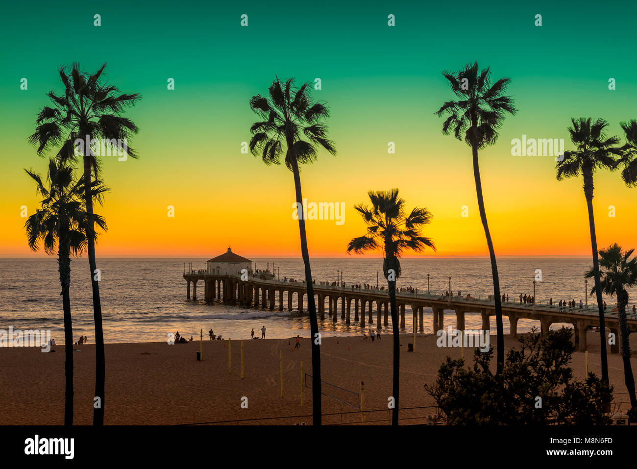 Palm trees on Manhattan Beach and pier at sunset in Los Angeles, California Stock Photo