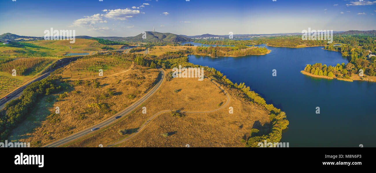 Aerial panorama of scenic Lake Burley Griffin in Canberra at sunset Stock Photo