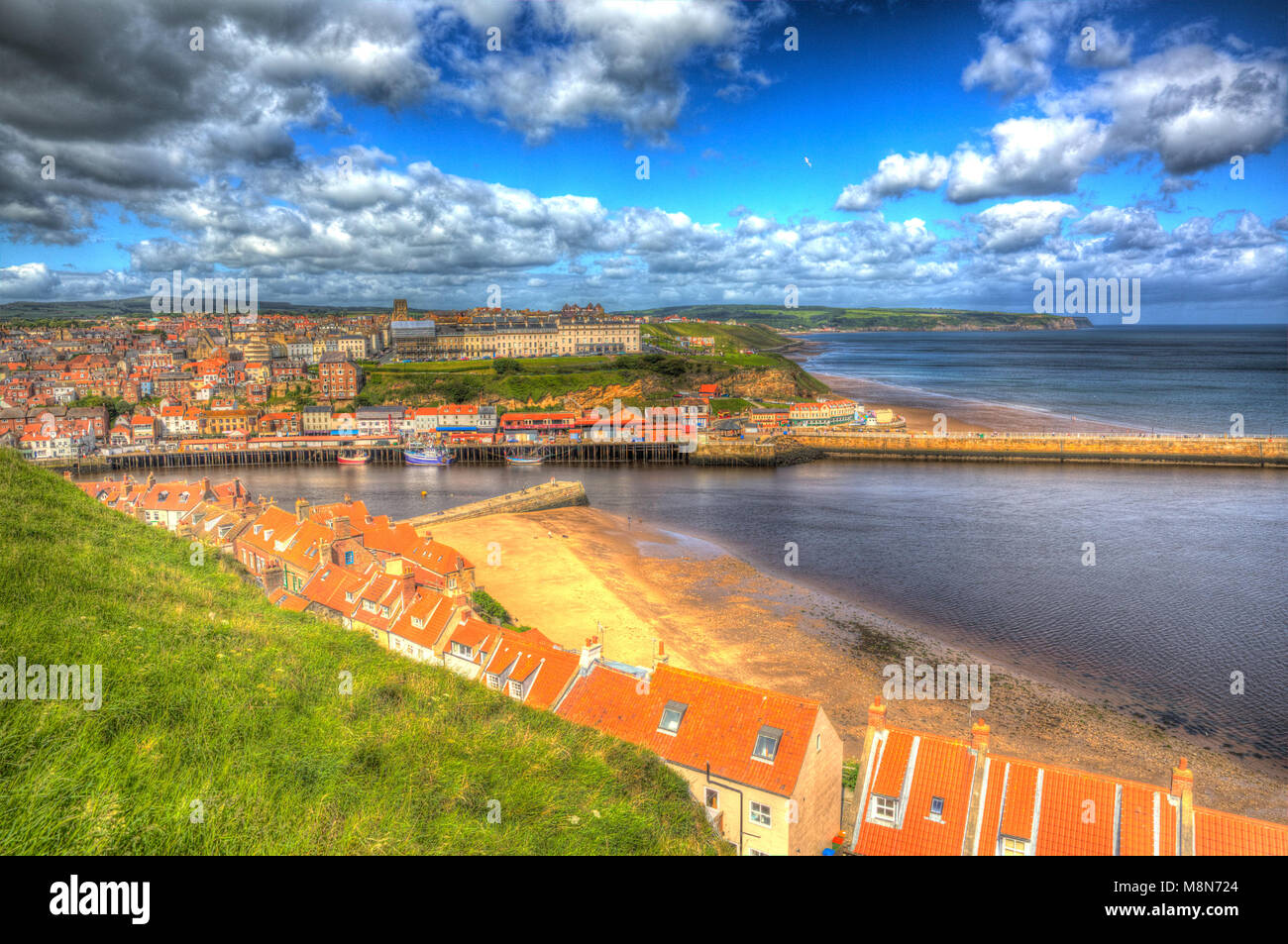 Whitby coast and town North Yorks uk in colourful hdr Stock Photo