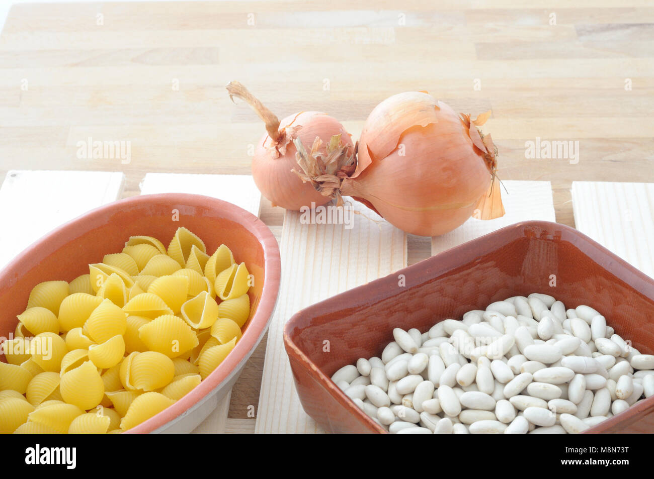 ingredients for "pasta e fagioli" pasta and beans, Italian traditional
