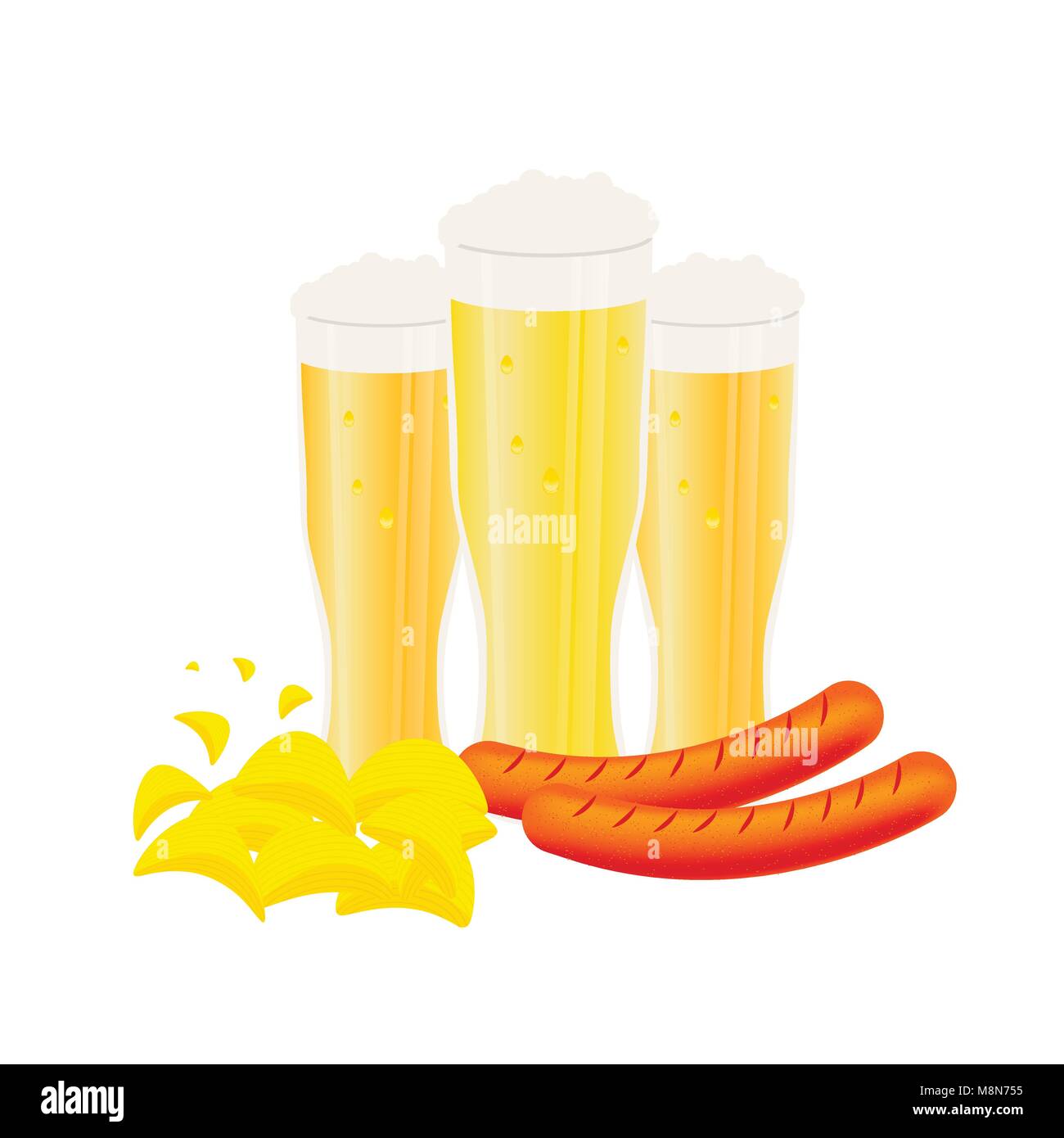 Poster with beer bottle, mugs, glasses, potato chips, sausage. Vector icon with alcoholic beverages. Wheat  lager, craft  ale Stock Vector