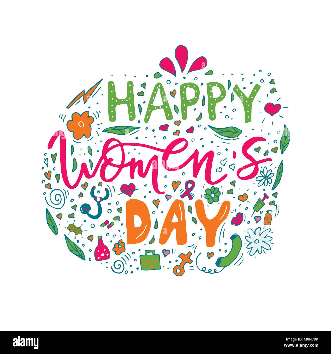 Beautiful card design for happy women's day celebration. Postcard for woman doctor, mother, girl, lady with flowers and female accesories. Vector. Stock Vector