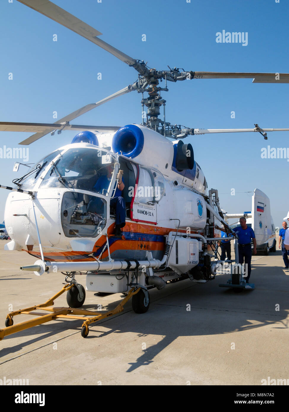 Kamov helicopter Ka 32 Fire Attack System, aerial firefighting, internal belly tank. MAKS International Aviation. ZHUKOWSKY, RUSSIA - AUGUST 16, 2011 Stock Photo