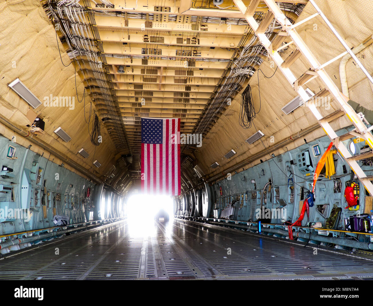 Lockheed C-5 Galaxy cargo hold of  military transport, intercontinental cargo strategic aircraft payload. ZHUKOWSKY - AUGUST 16 Stock Photo