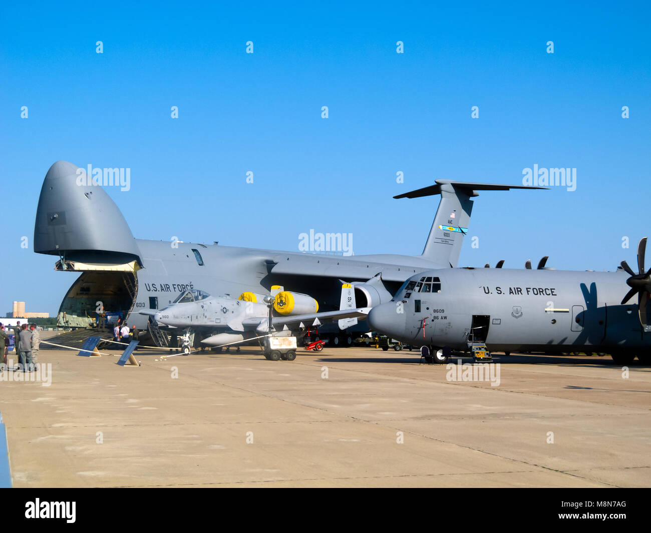Lockheed C-5 Galaxy, the military intercontinental cargo strategic aircraft and C-130 Hercules, ZHUKOWSKY - AUGUST 16 Stock Photo