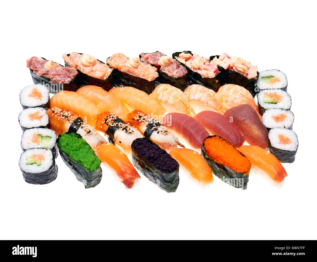 Different kinds of sushi roll isolated on white background. Japanese