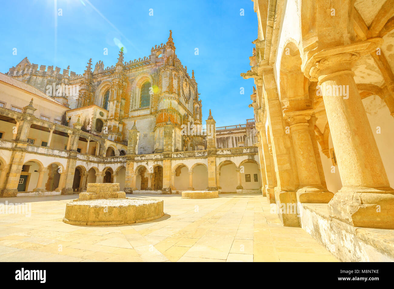 Portugal, Tomar. Prospective view of Claustro from Micha or Claustro da Micha, located in northern part of Convent of Christ in Templar Castle. Unesco Heritage and popular destination in Europe. Stock Photo